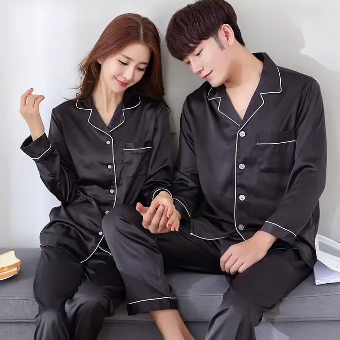 Couleur unie vêtements de nuit soie Satin Pyjamas Couple ensemble Long boutonné