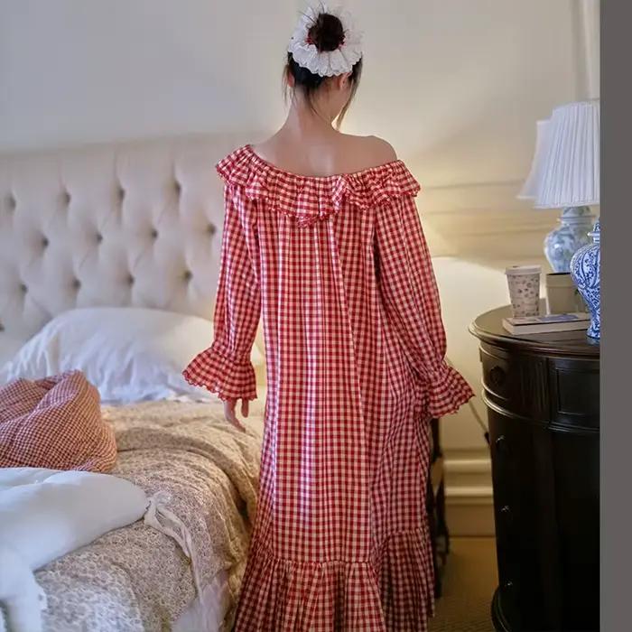 Chemise de nuit ample en coton 100% à carreaux rouges rétro anglais
