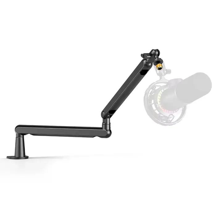 Bras de micro réglable à profil bas avec pince de fixation pour bureau, rangement de câbles pour streaming et jeux - Blanc et noir