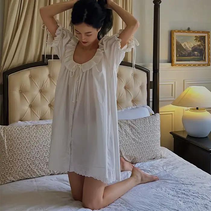 Femmes françaises douce chemise de nuit grande taille Cardigan 100% coton nuisette princesse Vintage volants col