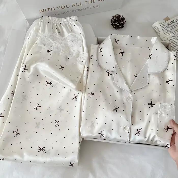 Nouveau Style coréen élégant jeunes dames pyjamas été nouveauté à manches courtes à pois nœud glace soie pyjama
