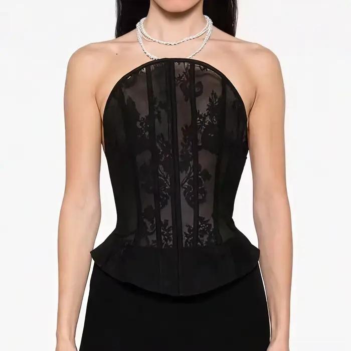 Bustier en dentelle noire transparente pour femmes, Corset Sexy sans bretelles, désossé, haut court, Slim Fit, bustier gothique, fête