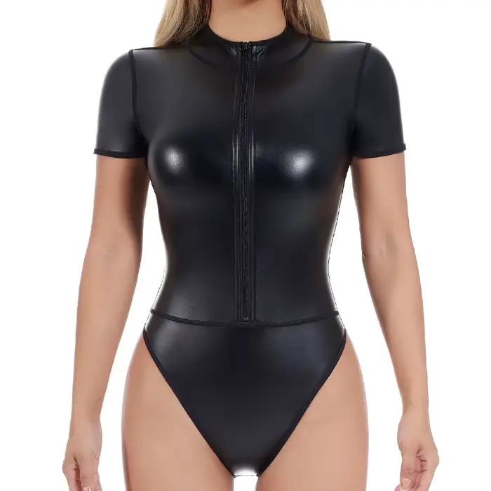 Body Shaper Femmes Lingerie Sexy Fermeture Éclair Avant Col Haut Manches Courtes Faux Cuir