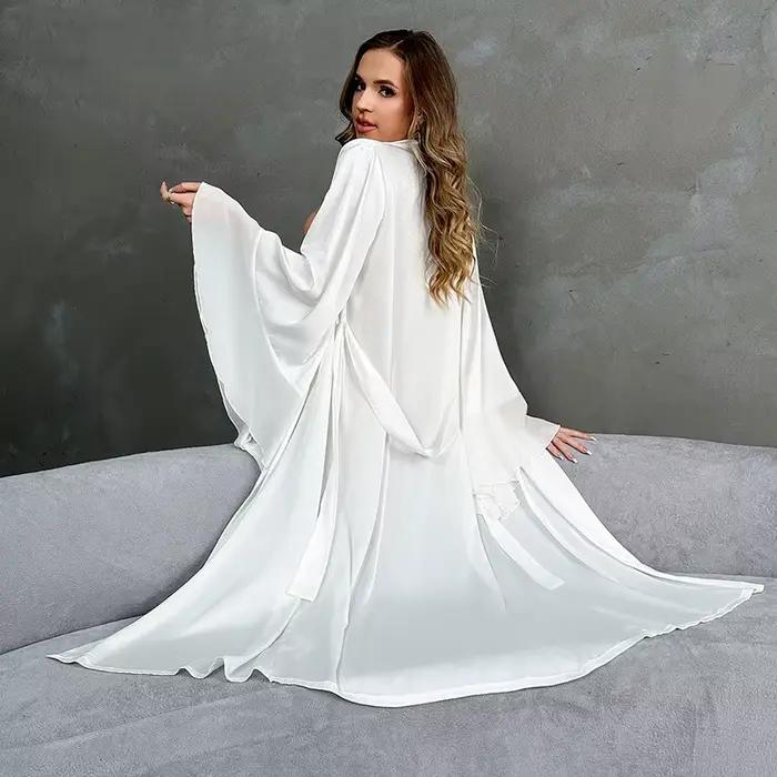 Longue Robe de mariée à oiseaux, Kimono blanc, vêtements de nuit amples, Sexy, grande manches en dentelle, peignoir, vêtements de nuit
