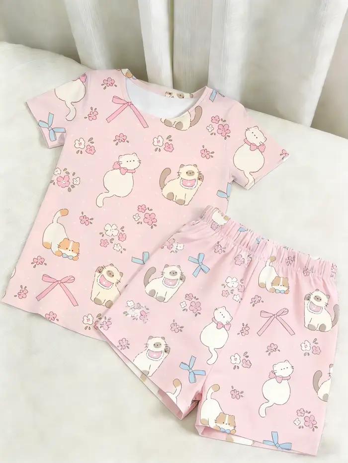 Ensemble pyjama femme manches courtes imprimé chat rose