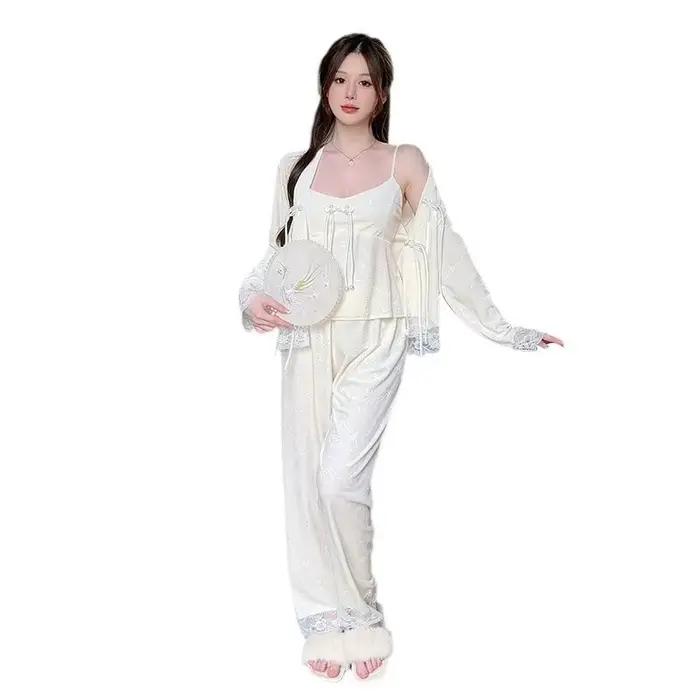 Automne hiver mignon flanelle pyjama ensemble nouveau Beige maison élégant vêtements de nuit sexy Pijamas costume ample