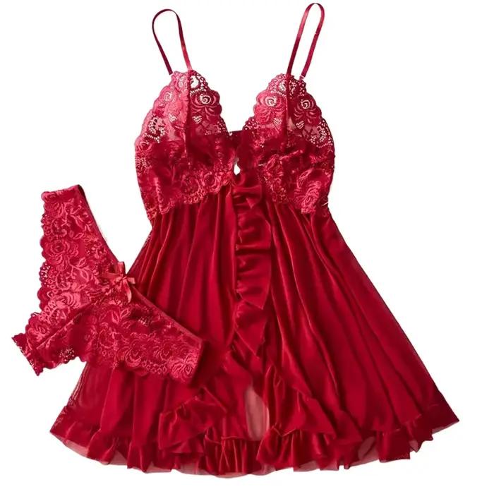Nouvel ensemble de lingerie pour femmes, robe de nuit en dentelle rouge