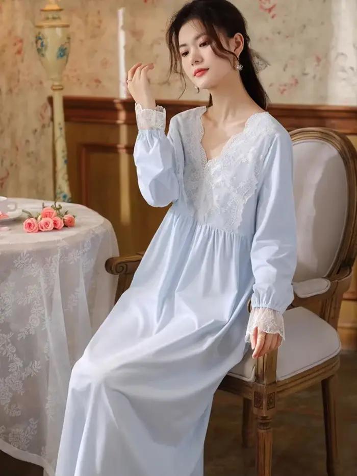 Femmes coton volants dentelle col en v Vintage chemises de nuit Robe nuisette à manches longues