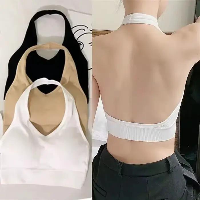 Soutien-gorge sexy dos nu à bretelles pour femme, sans armatures, style sport, haut court uni, anti-choc, lingerie