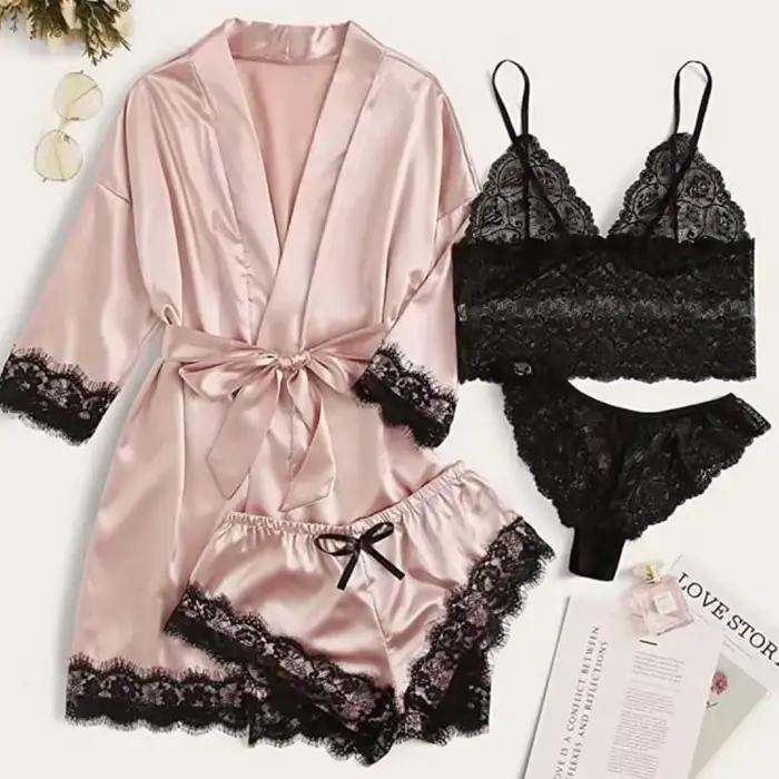 4 pièces femme vêtements de nuit pyjamas Ser avec Robe Sexy dentelle Lingerie peignoir soie Satin maison