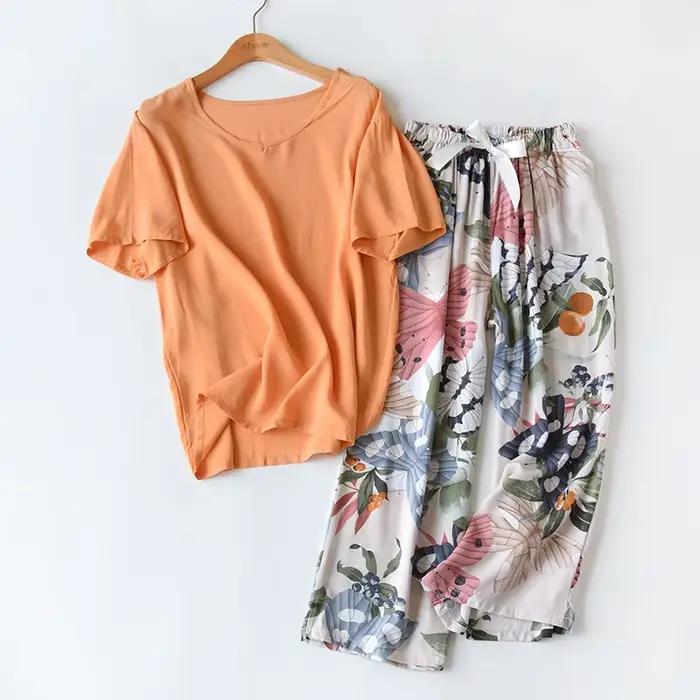 Femmes élégant 2 pièces imprimé fleuri vêtements de ménage dames ample mince rayonne pyjamas ensemble multicolore coton