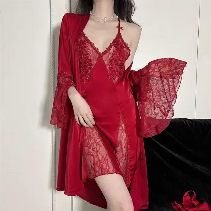 Robe de nuit brodée sexy en polyester satiné et rayonne pour femmes, ensemble de vêtements de nuit, patchwork de dentelle, décontracté pour la maison, été et hiver