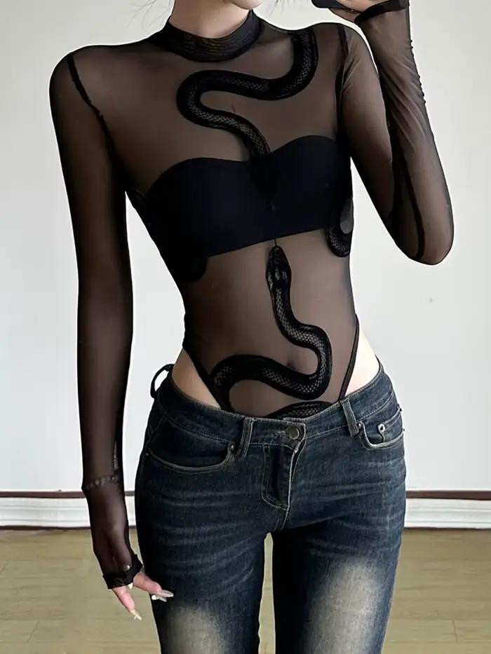 Combinaison en maille transparente imprimé serpent noir pour femme style sexy E-girl gothique Y2K soirées festivals nocturne audacieux