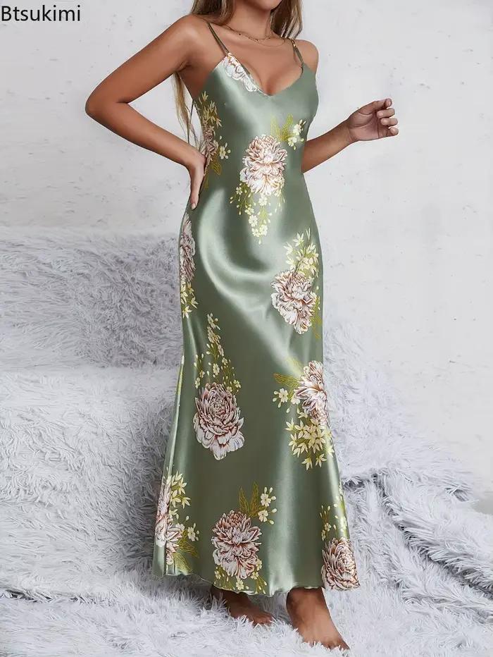 Nouveau 2026 femmes d'été élégant Sexy col en v imprimé fleuri soyeux confort lisse Slip chemises de nuit robes