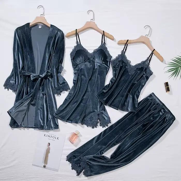 Ensemble de pyjama décontracté en velours 4 pièces pour femme