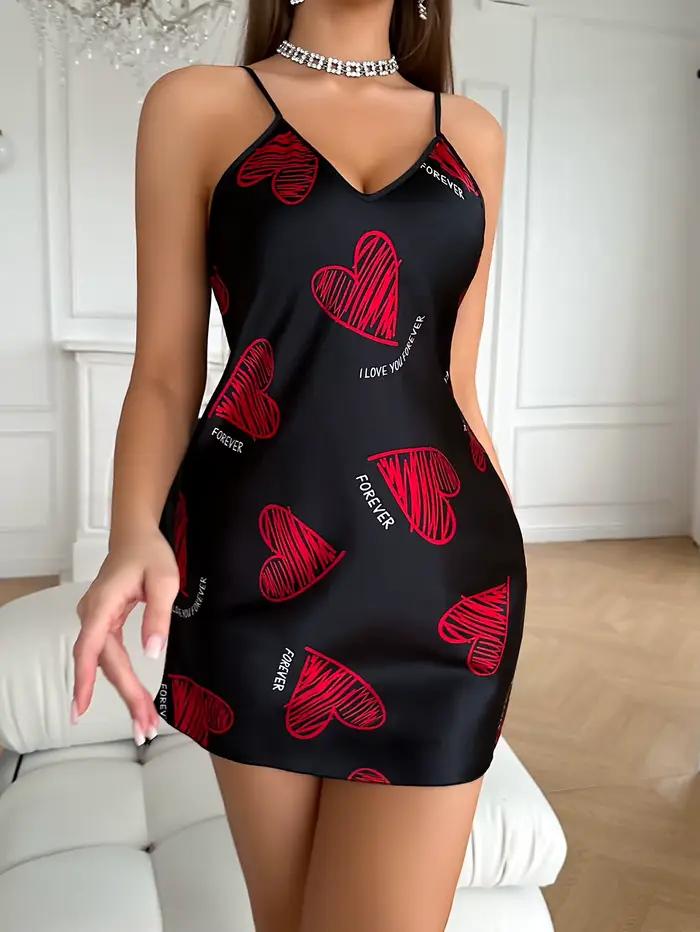 Chemise de nuit en Satin imprimé lèvres rouges pour la saint-valentin