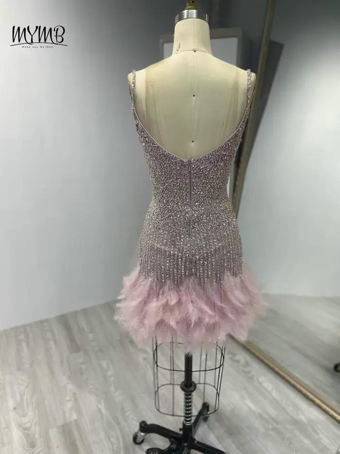 MYMB rose Chic Sexy bretelles Spaghetti Mini robes de boîte de nuit pour les femmes fête de luxe cristal perlé plumes robes de Cocktail