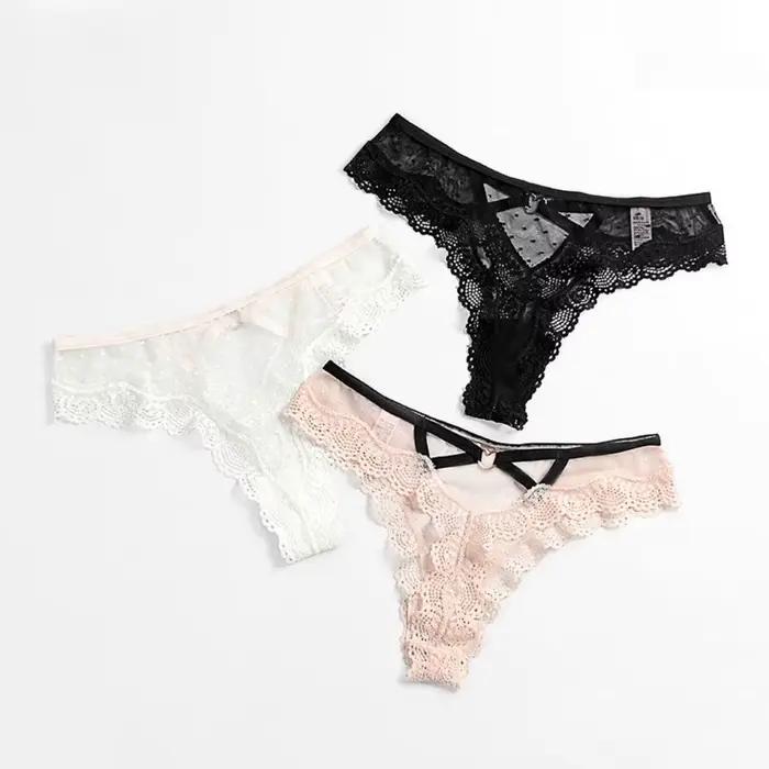 Culotte string taille basse en dentelle ajourée pour femme motif à pois en maille transparente polyestère occassions romantiques et quotidienne