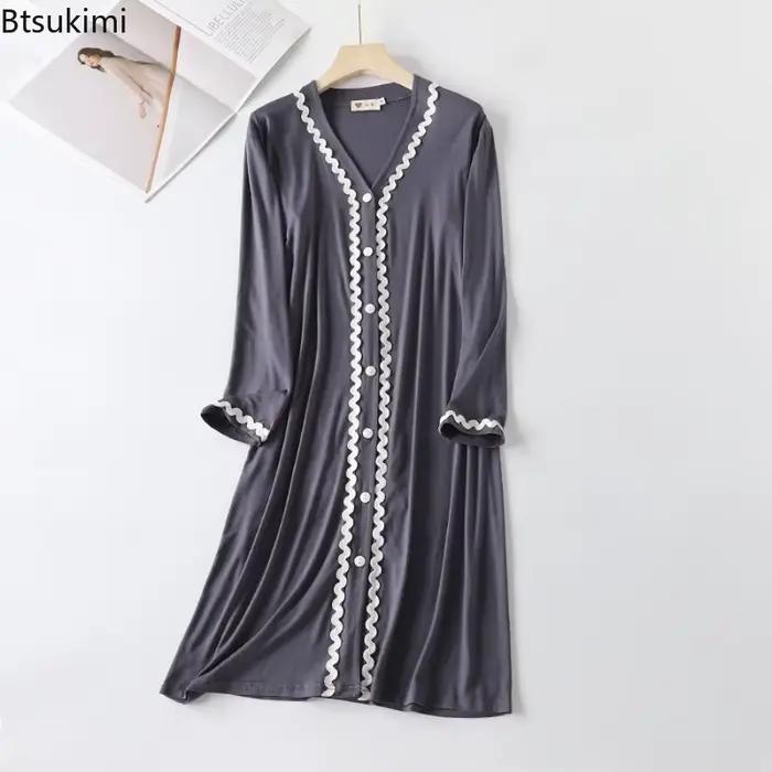 2026 femmes à manches longues col en v chemises de nuit mode boutonné Cardigan Robe