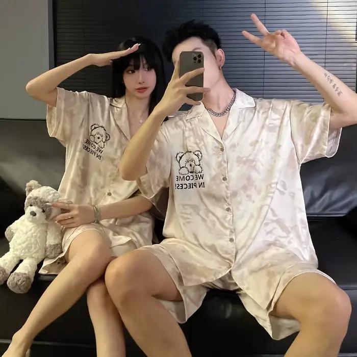 Femmes glace soie pyjamas ensemble dessin animé ours vêtements de nuit
