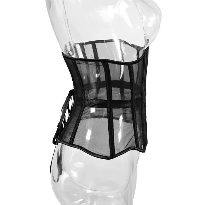 Corset en maille transparente pour femmes, sous le buste, os de poisson, entraîneur de taille, Bustier amincissant, ceinture gothique, noir et rouge