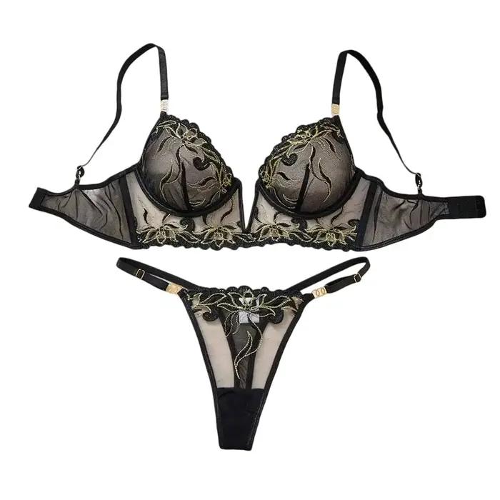 Ensemble de lingerie fine noire en maille avec broderie délicate pour femmes, sous-vêtements sexy et transparents, pour lune de miel et occasions romantiques