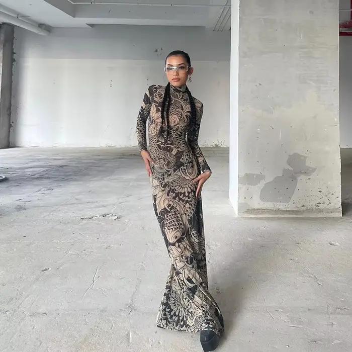 Nibber femmes élégant col rond corps imprimé Robe Maxi manches longues corps-shaping