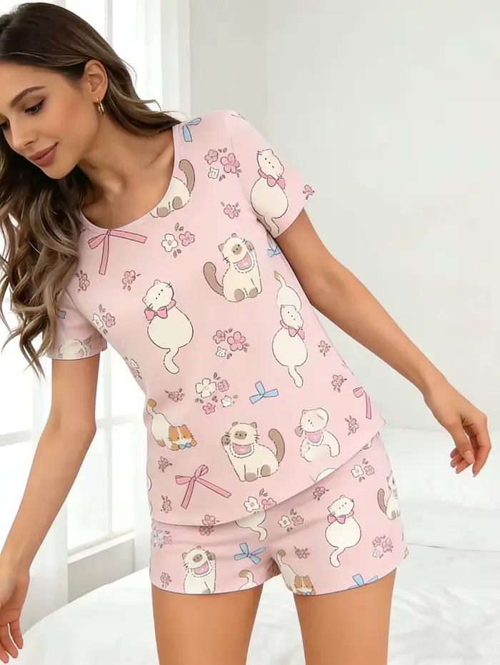 Ensemble pyjama femme manches courtes imprimé chat rose