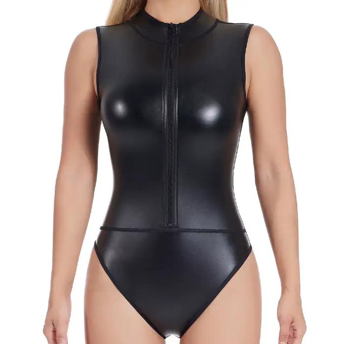 Femmes corps Shaper Sexy Lingerie avant fermeture éclair col haut gilet Faux cuir Body scène Performance uniformes une pièce combinaison