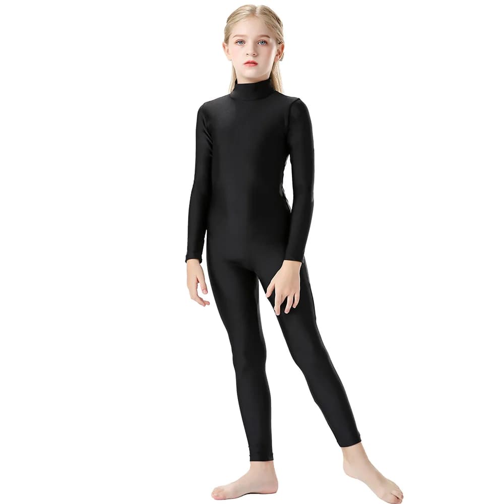 OVIGILY – body noir à manches longues pour filles, combinaison de danse avec col roulé, justaucorps