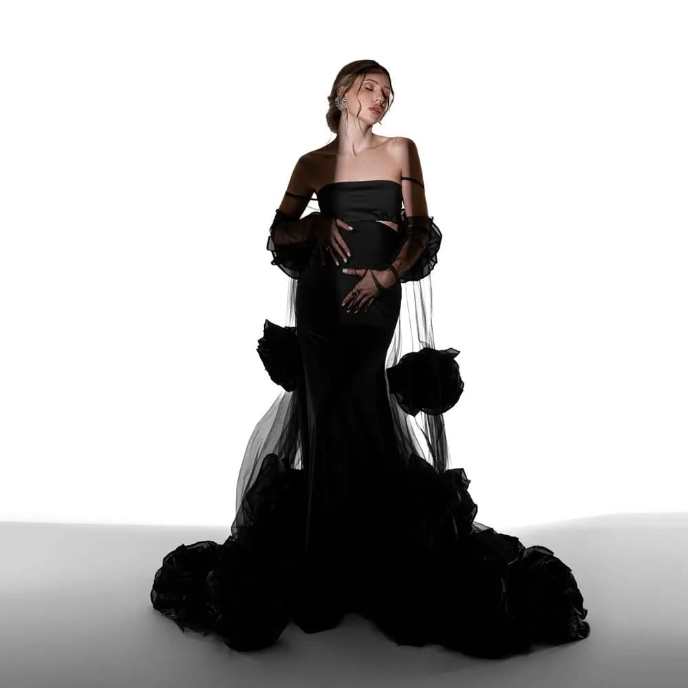 Robe de grossesse noire de rêve en 3 pièces pour séance photo, robes de maternité avec cape fleurie