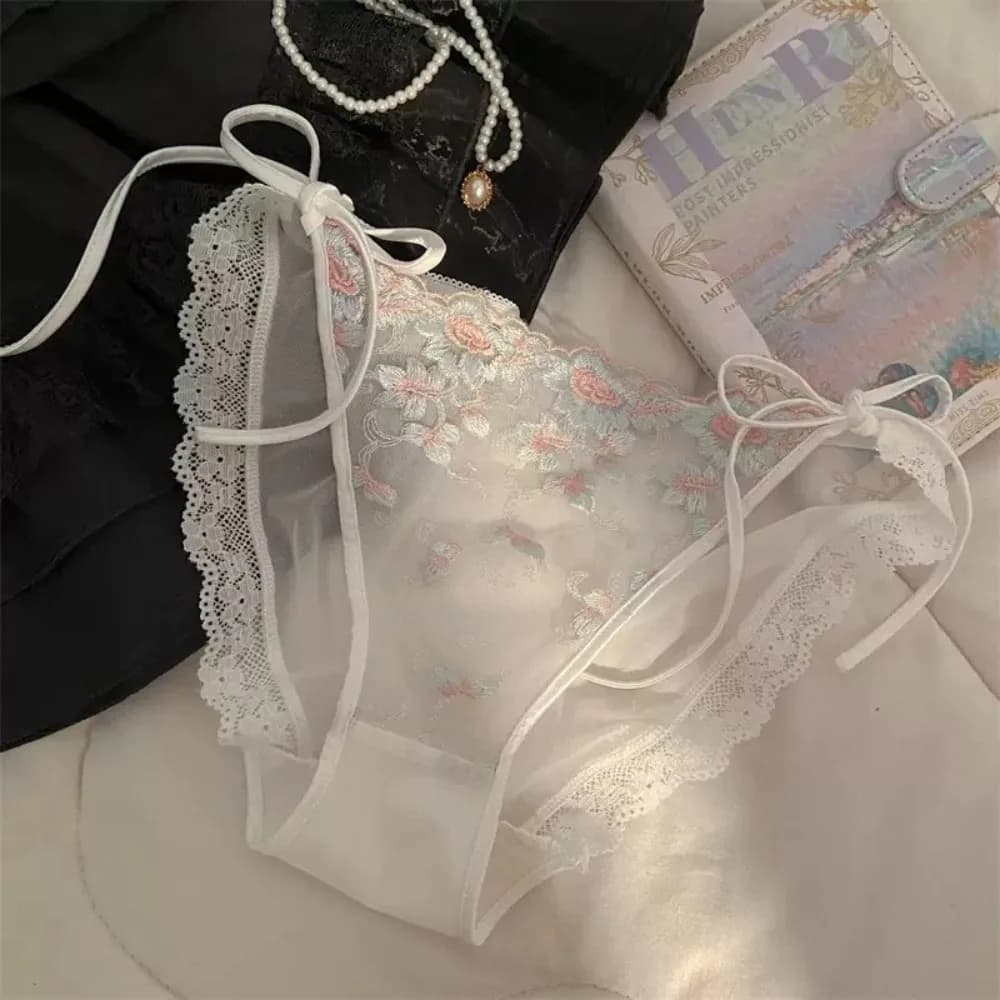 Culottes transparentes brodées à fleurs taille basse pour femme, lingerie douce en coton avec entrej
