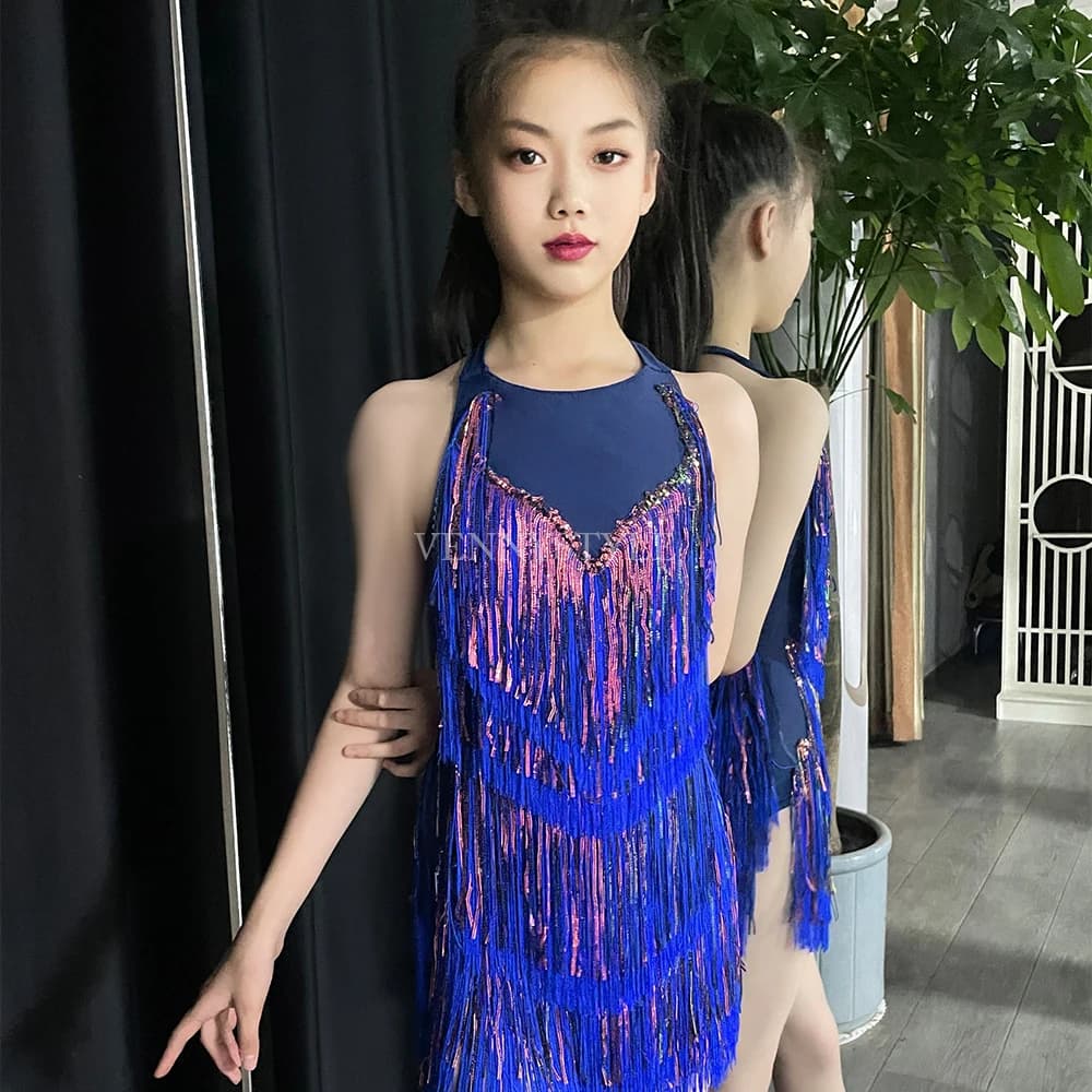 Vennystyle robe de danse latine filles une pièce tenue de Performance avec paillettes frange cathédr