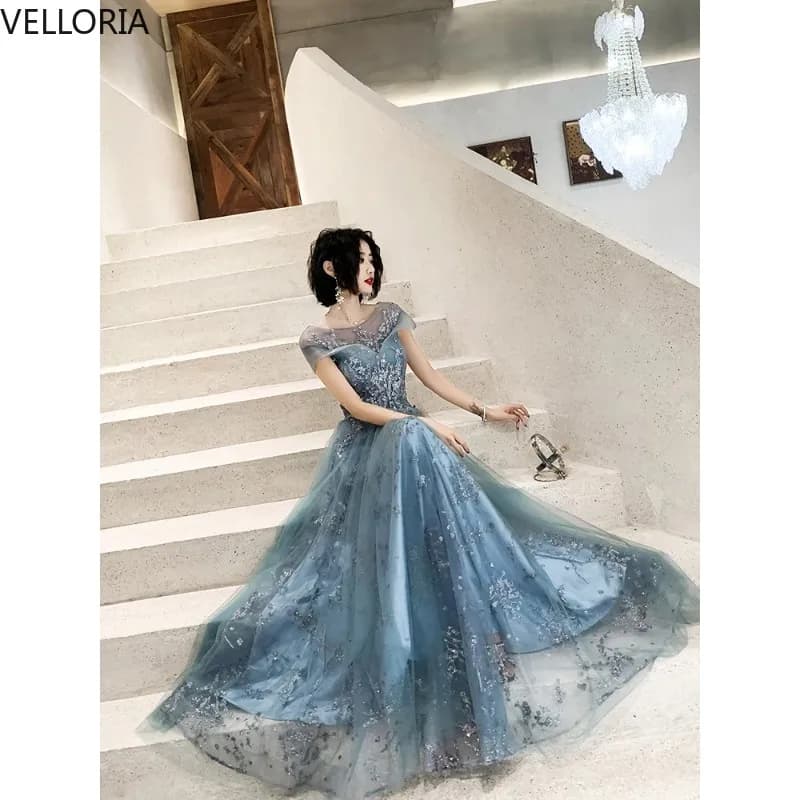 Champagne robes De bal Scoop manches courtes dos Tulle perles paillettes longue robe De soirée robe