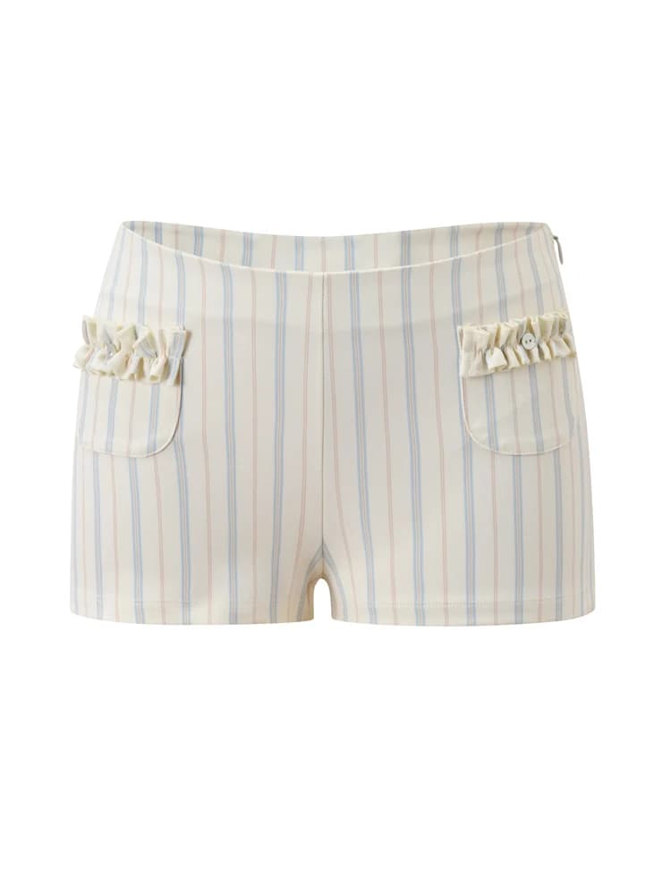 Ensemble 2 pièces chic à rayures pour femme : short et haut court sexy à volants, manches courtes, c