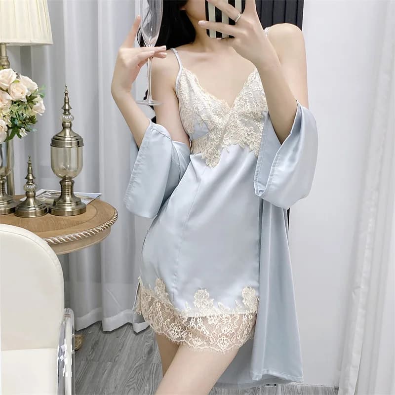 Deux pièces Kimono Robe ensemble femmes peignoir sangle chemise de nuit costume de nuit vêtements de