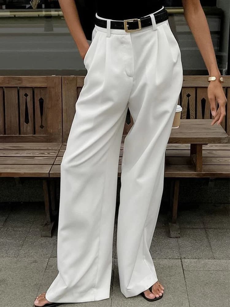 Pantalon de Costume Formel pour Femme, Taille Haute Ample, Coupe Large Décontractée, Blanc, Tendance