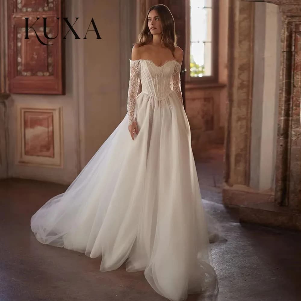 Robe de mariée corset sexy personnalisée KUXA, nouvelle arrivée, manches longues, décolleté cœur, pe