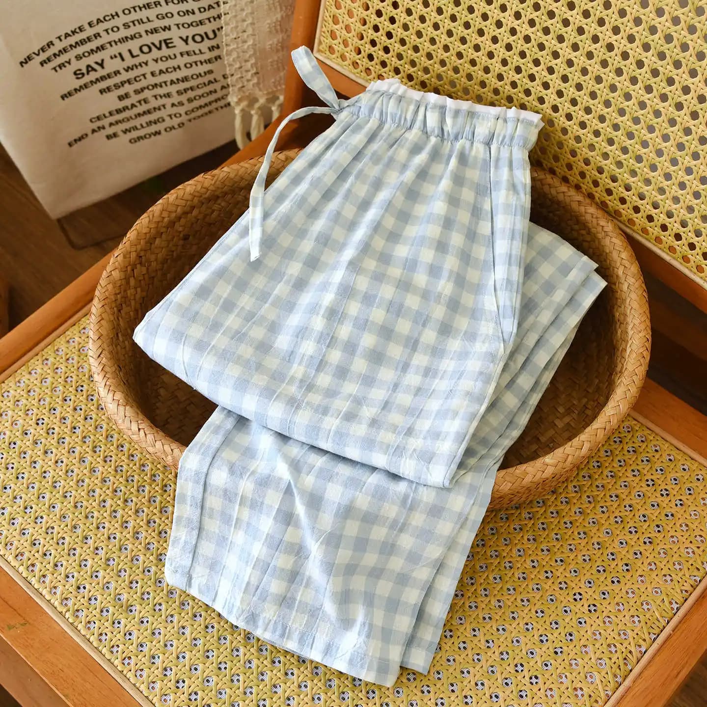 2026 nouveaux vêtements de nuit pour femmes 100% coton gaze dentelle pantalons à carreaux japonais m
