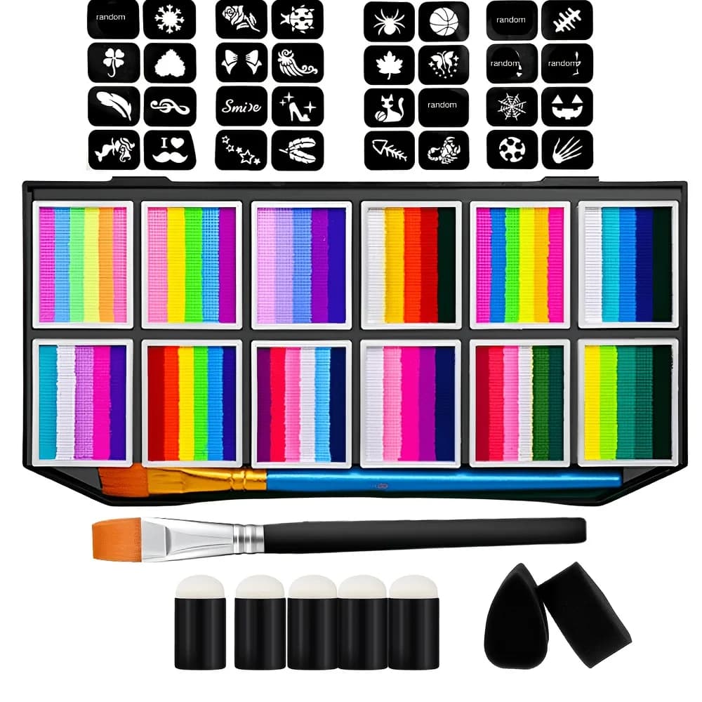 Palette de peinture pour le visage et le corps de 65 couleurs + 32 pochoirs, couleurs vives et durab