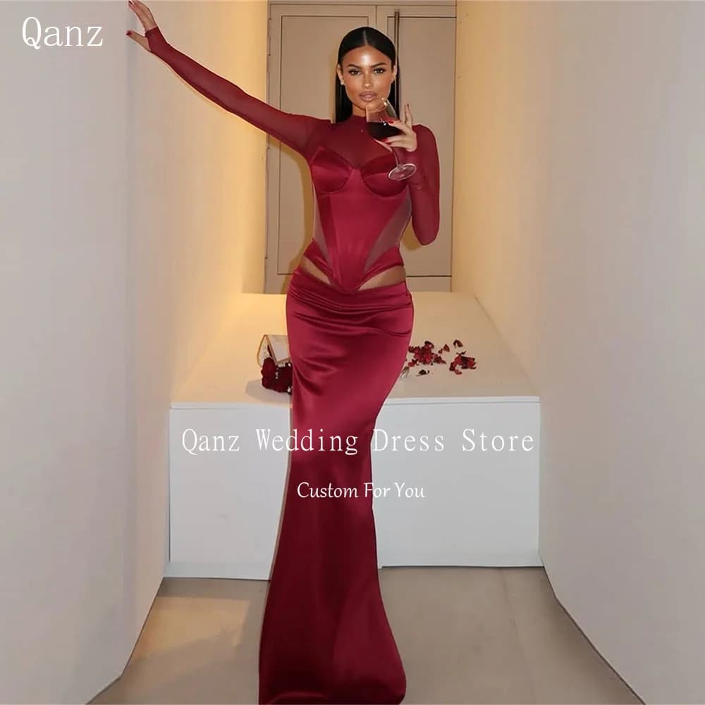 Qanz – Robe De Soirée en Satin bordeaux, col haut, manches longues, Illusion Sexy, personnalisée