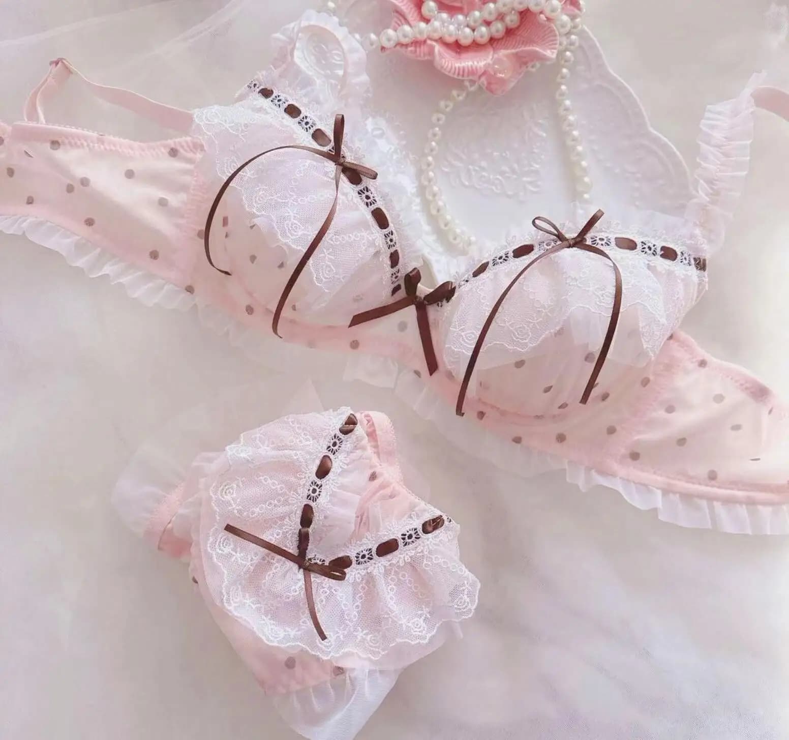 Lolita Kawaii Fashion Cute Dots Printing Mesh Lace Underwear Bra and Panties Set, Real Photo, Linger