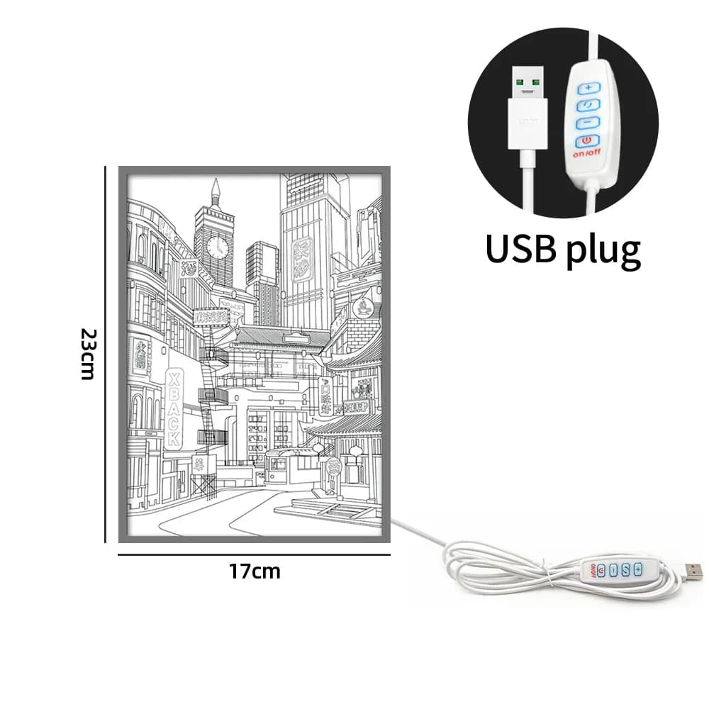 Lampe LED Anime Paysage Urbain Nocturne, Peinture Lumineuse HD à Cadre Fin, Prise USB, Intensité Rég