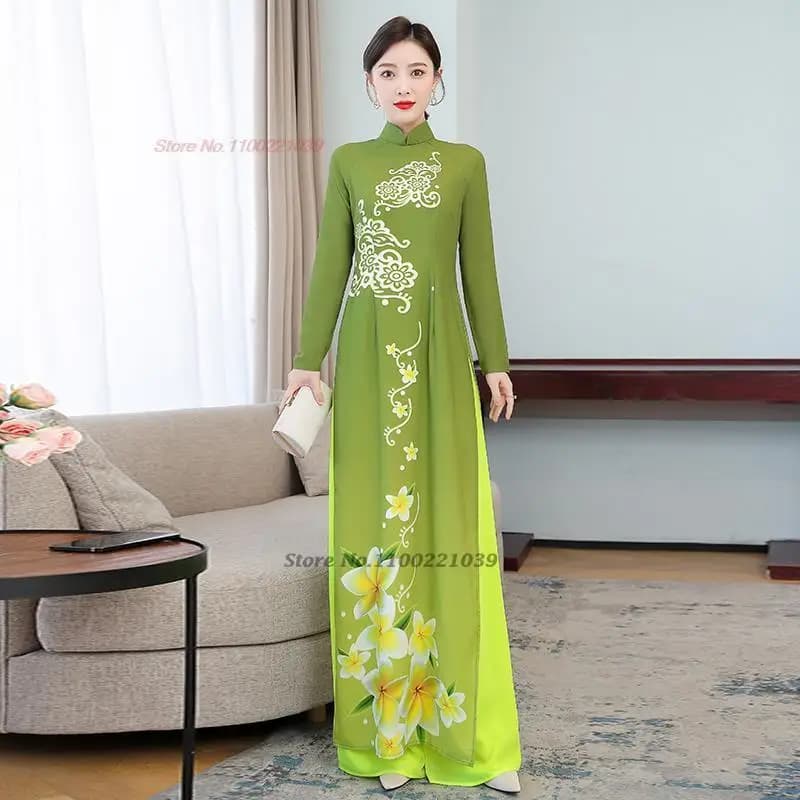 Robe aodai vietnamienne pour femmes, imprimé floral traditionnel, vintage, élégante, qipao + pantalo