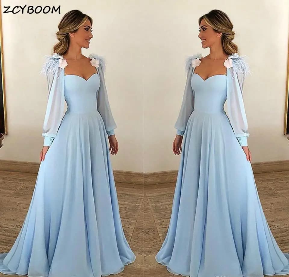 Robes De bal bleu ciel personnalisées, en mousseline De soie, ligne a, élégantes, manches longues, r