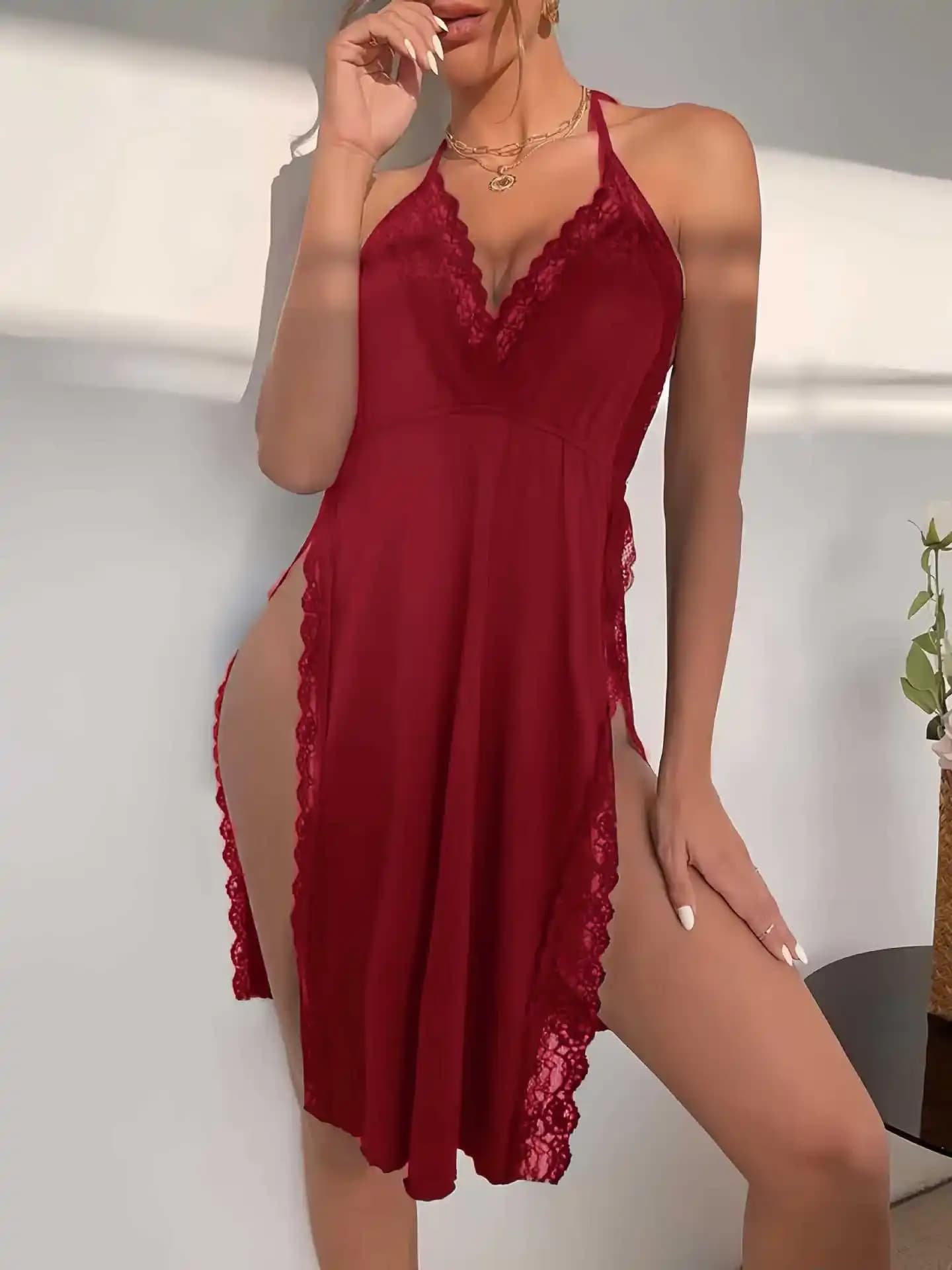 Chemise de nuit sexy dos nu imprimé léopard avec bordure en dentelle, robe de lingerie licou en V pr