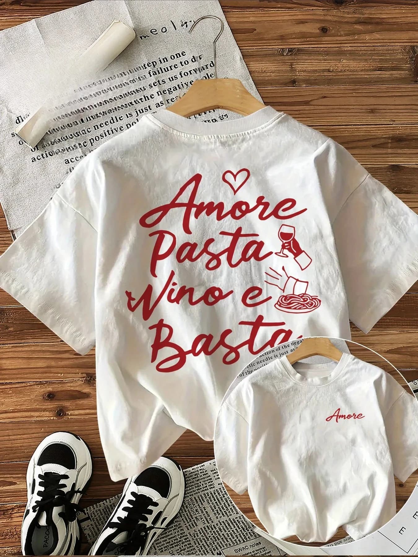 T-shirt pour femme avec motif italien « Amore Pasta Vino E Basta » (Love Pasta, Wine, and That's Eno