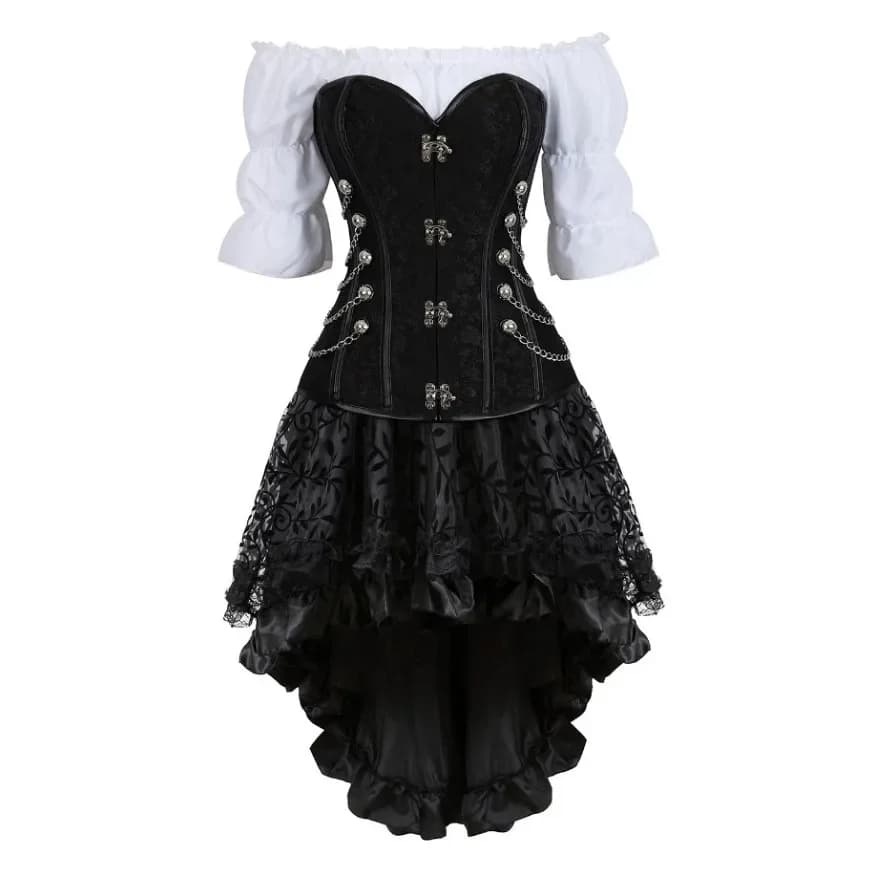Costume de Pirate pour femmes, robe Corset gothique Steampunk, jupe noire, grande taille, chemisier