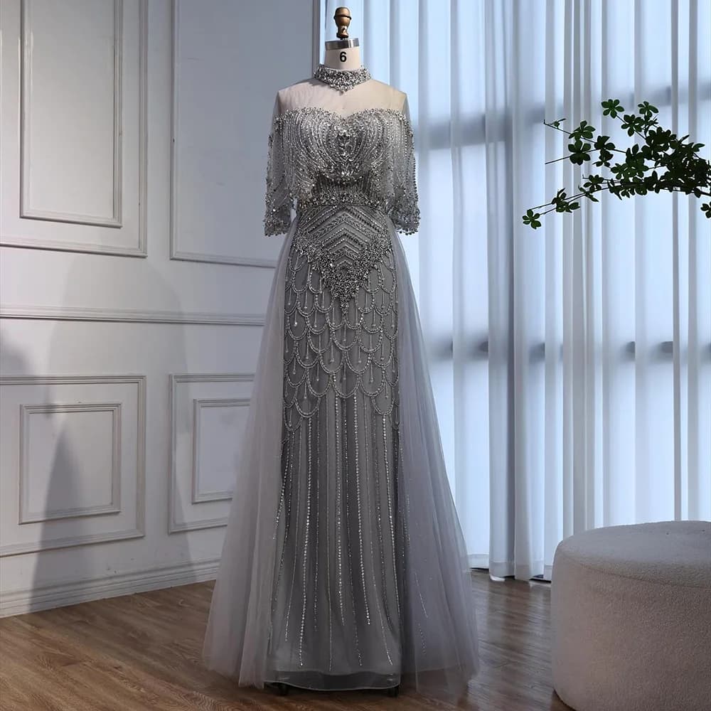 Robe de soirée de luxe grise avec perles, style arabe, dubaï, avec surjupe, pour occasions formelles