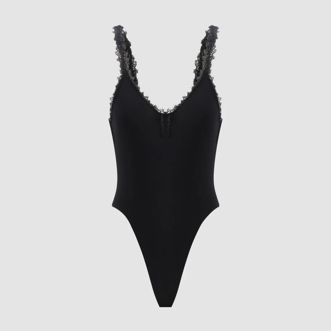 Body moulant noir élégant pour femme avec dentelle, débardeur sans manches à col en V, coupe ajustée